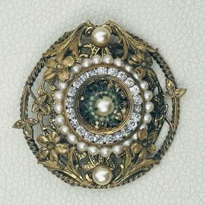 Antique 1920s/30s Art Nouveau Brass, Pearl, and Glass Brooch / Pin